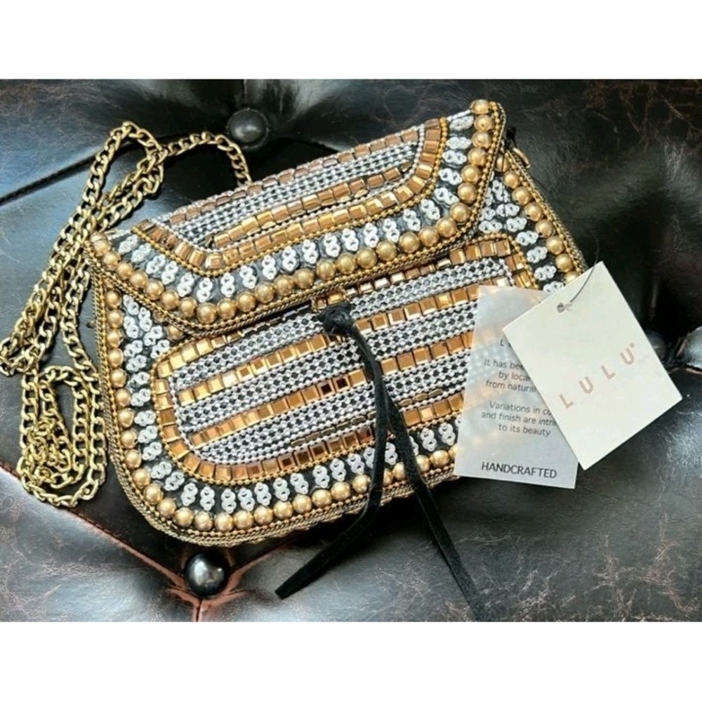 Lulu NYC E/W Flap‎ Crossbody Bag Gold Silver Beaded Handcrafted 31017471 NWT